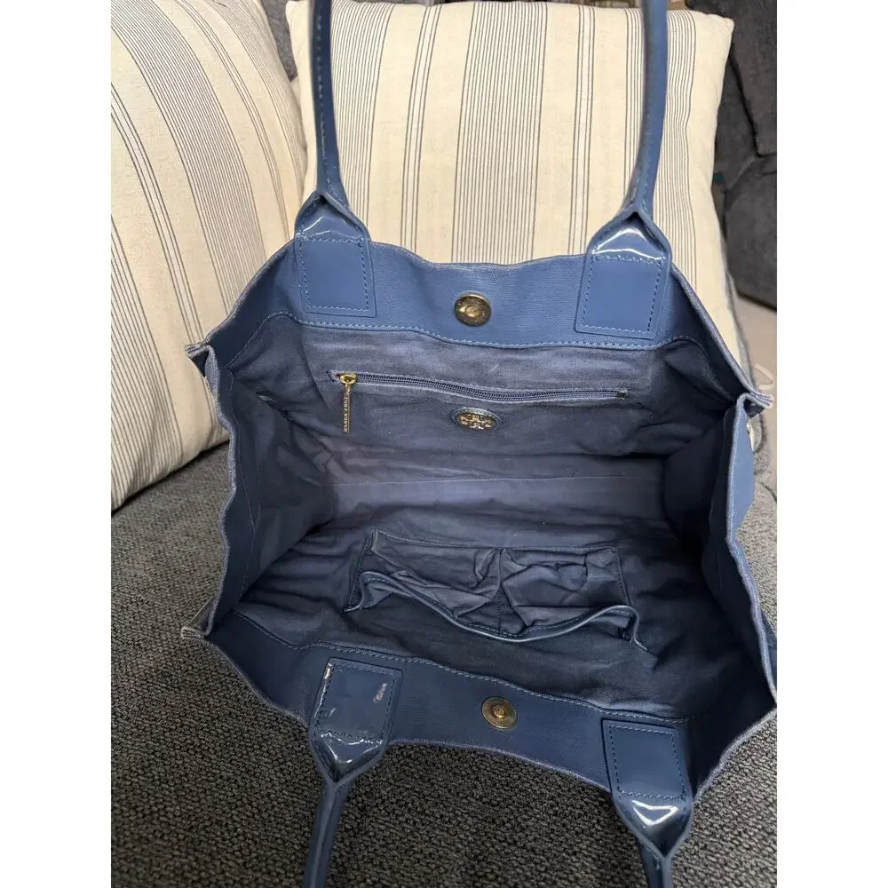 Tory Burch Ella Patent Leather Small Nylon Tote Blue